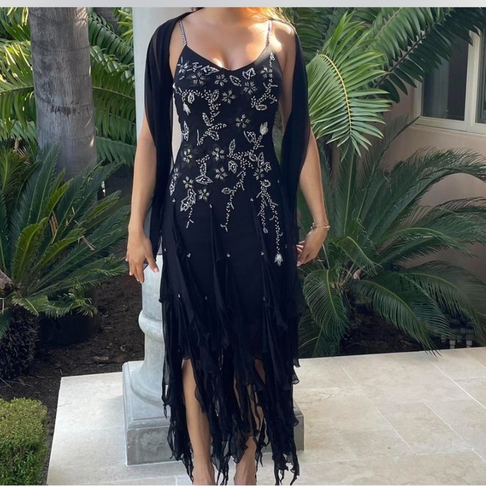 Black flower beaded dress